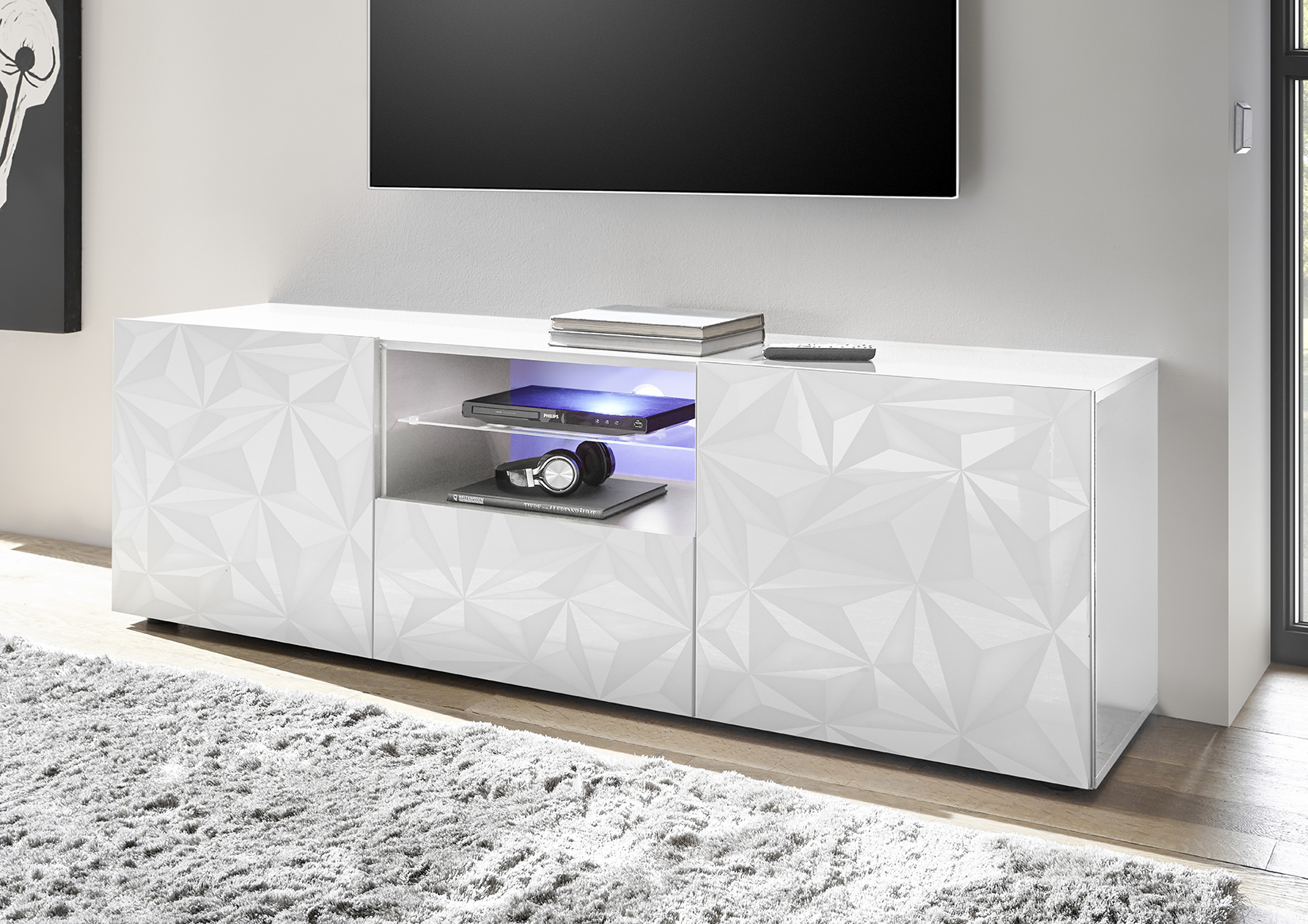 Base porta TV, 2 ante 1 cassetto, bianco laccato lucido con serigrafia prismatica