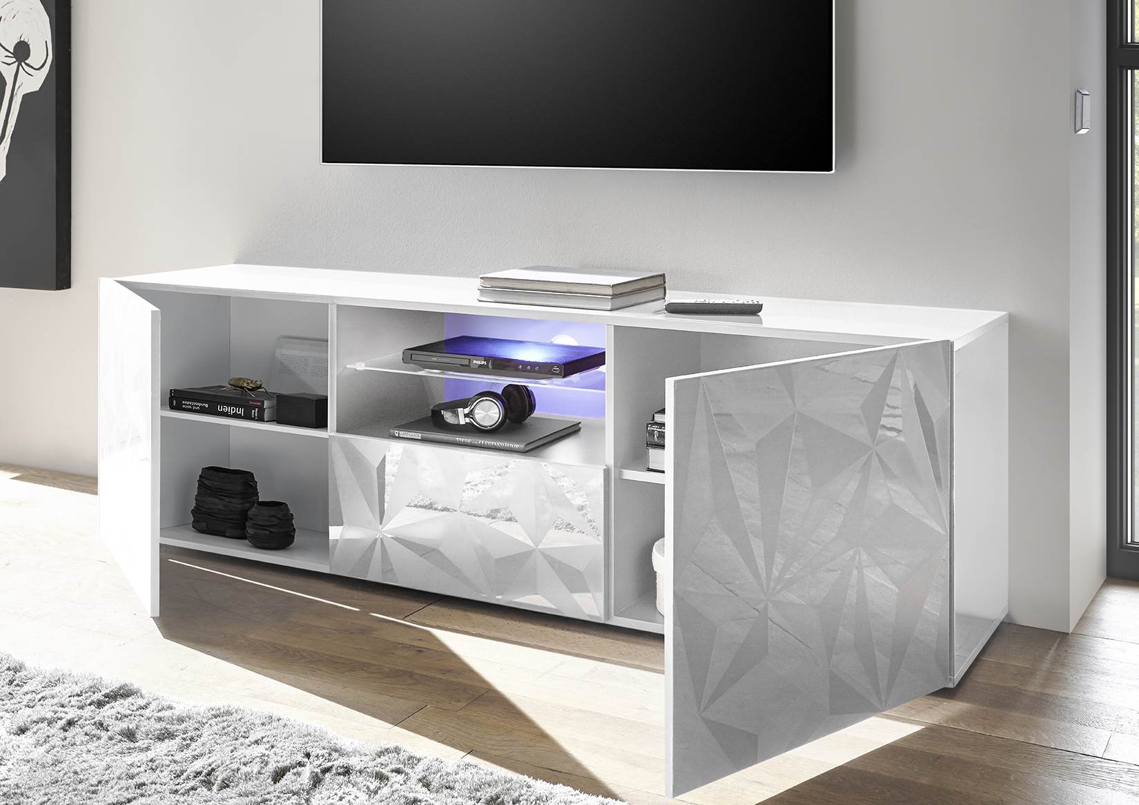 Base porta TV, 2 ante 1 cassetto, bianco laccato lucido con serigrafia prismatica