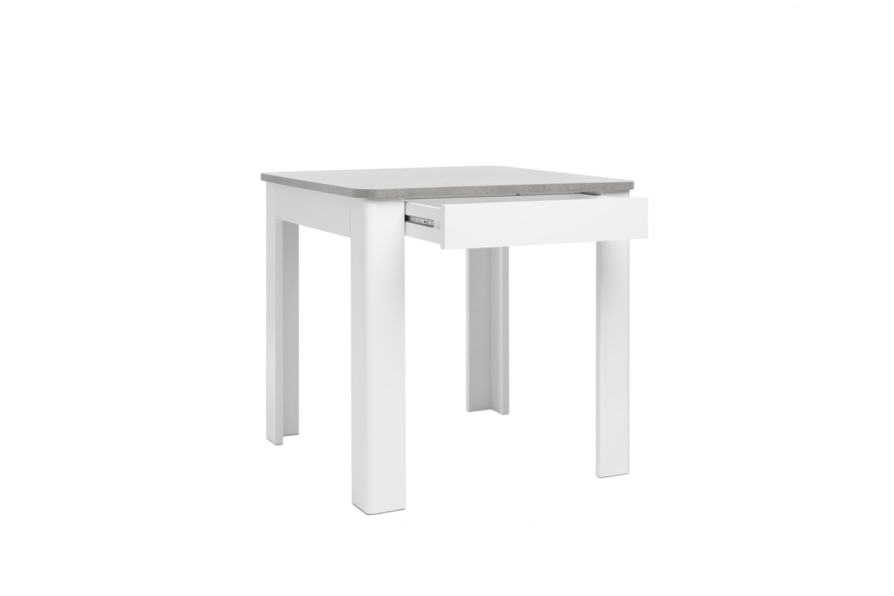 Tavolo moderno quadrato con cassetto, finitura Bianco con piano Cemento