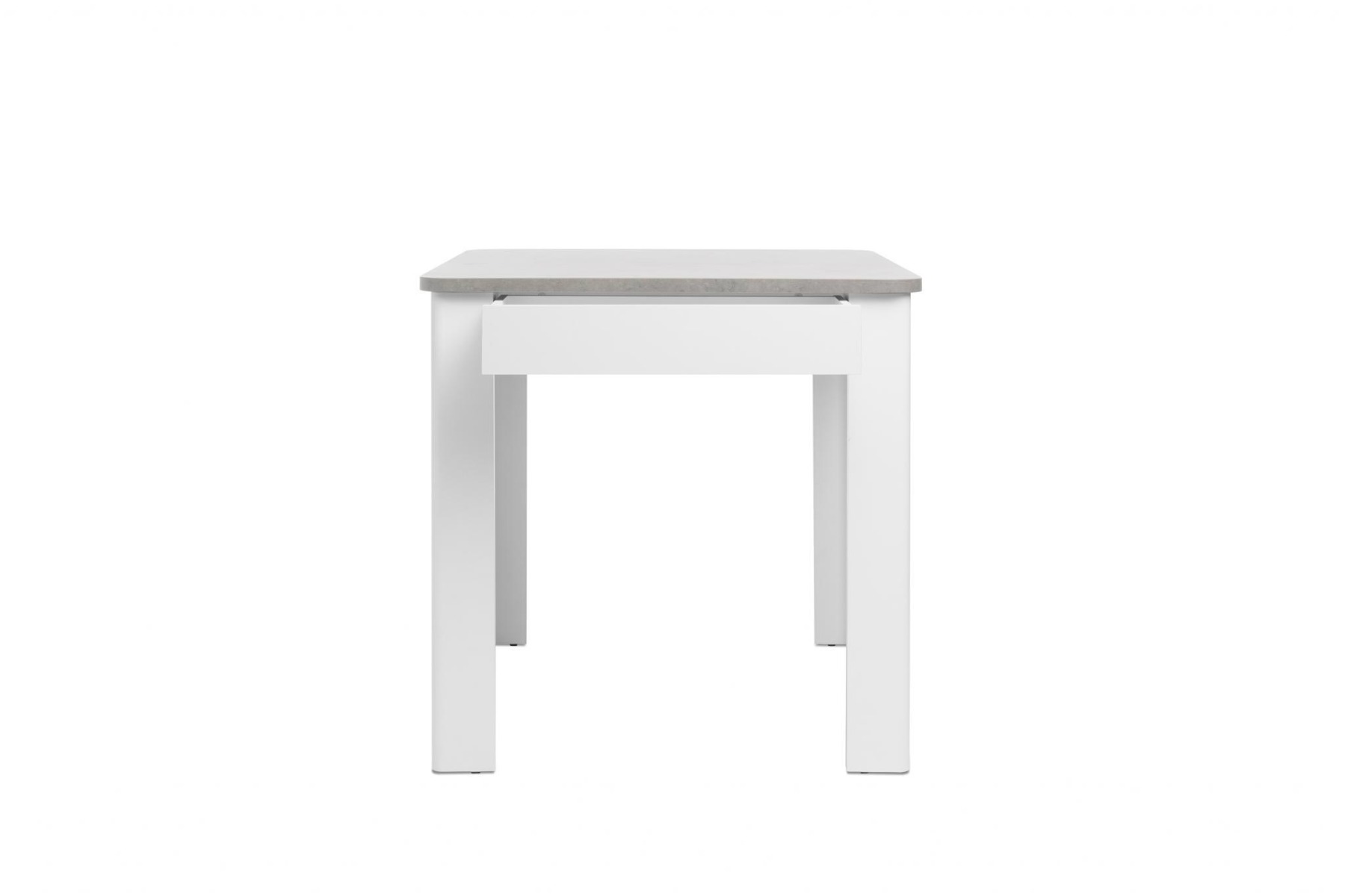 Tavolo moderno quadrato con cassetto, finitura Bianco con piano Cemento