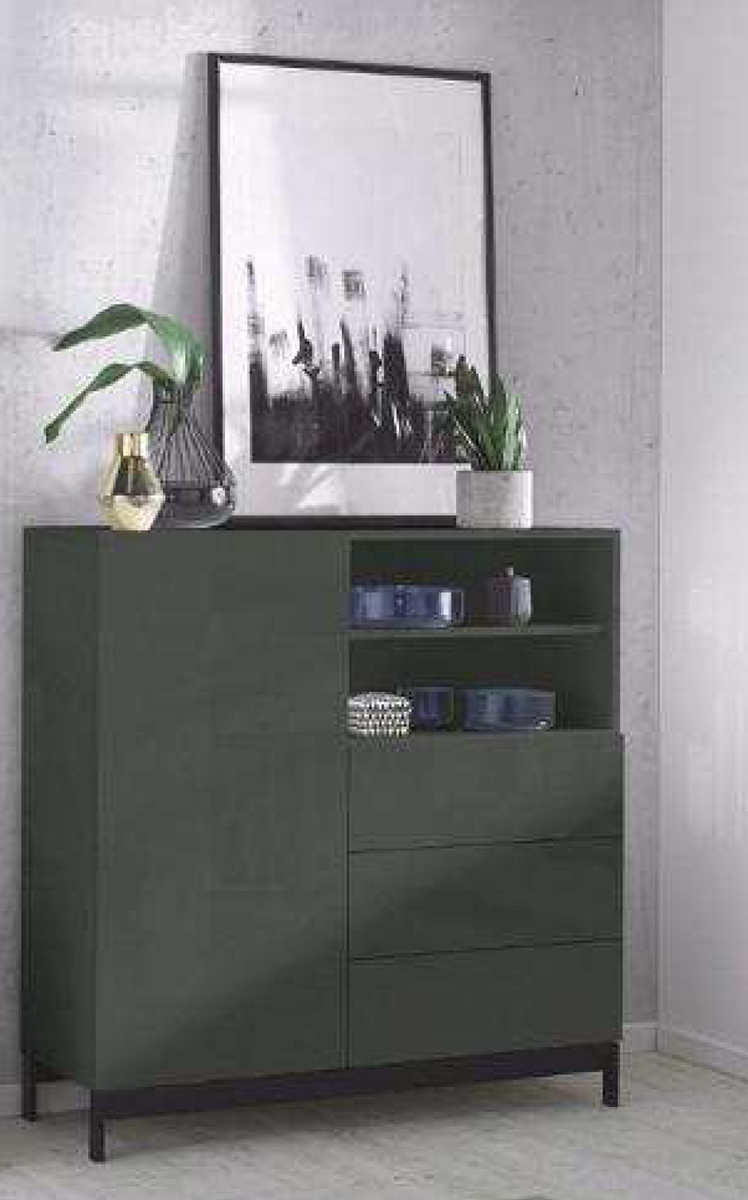 Madia di design, 3 cassetti, 1 anta e 2 vani a giorno, finitura antracite lucido