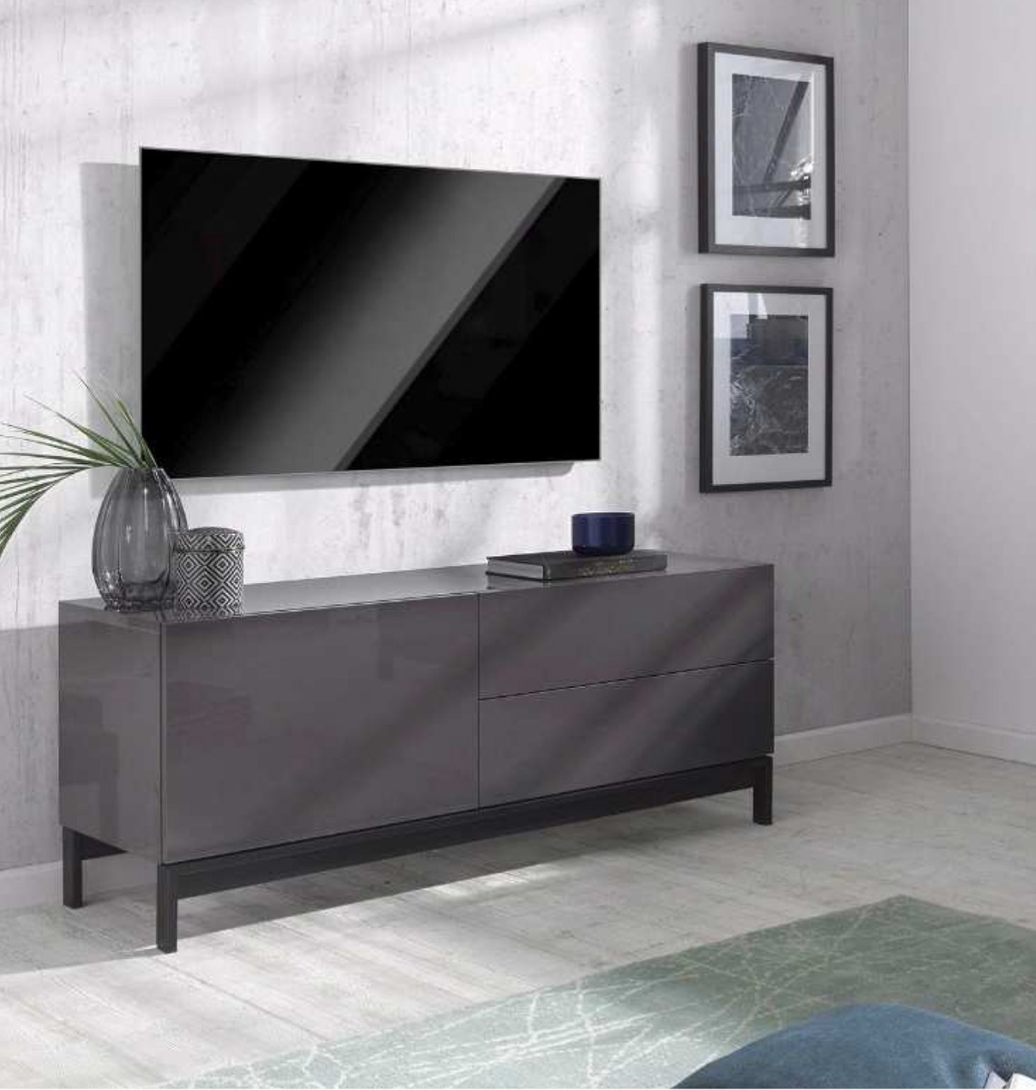 Porta TV di design, 2 cassetti 1 anta in finitura antracite lucido