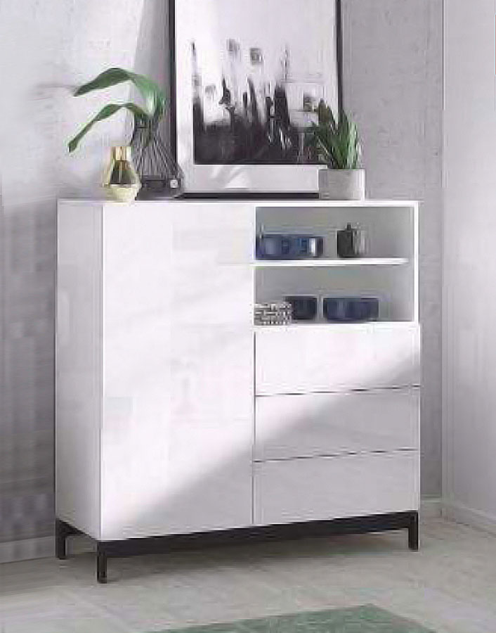 Madia di design, 3 cassetti, 1 anta e 2 vani a giorno, finitura bianco lucido