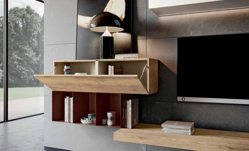 Parete attrezzata Made in Italy in finitura Legno bruciato, Bronzo e Moka