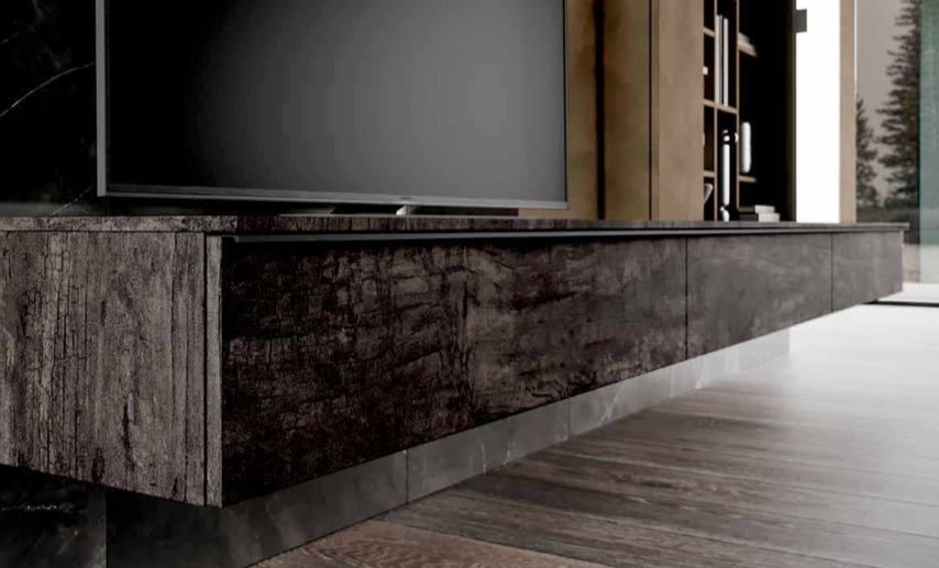 Parete attrezzata di alta qualità in finitura Bianco Opaco, Rovere Chiaro e Vetro fumè