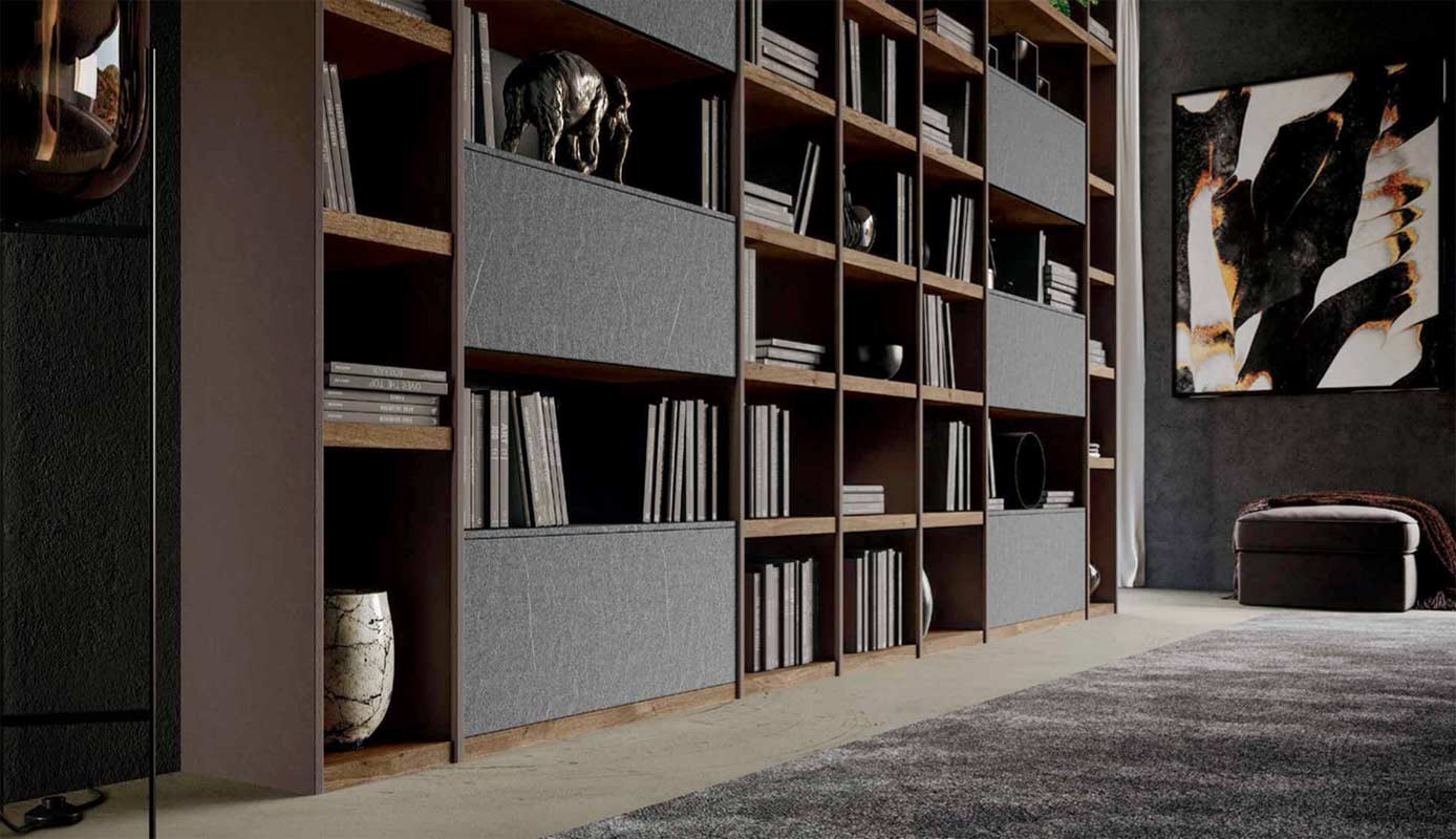 Parete attrezzata libreria di alta qualità in finitura Graniglia chiara, Grigio cenere e Rovere tabacco 