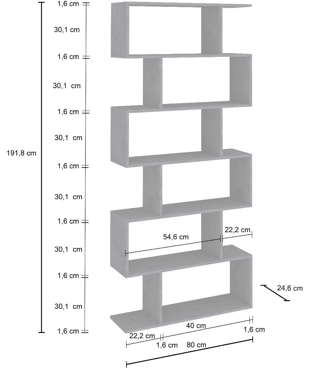 Libreria moderna verticale, colore ardesia, 6 ripiani, made in Italy