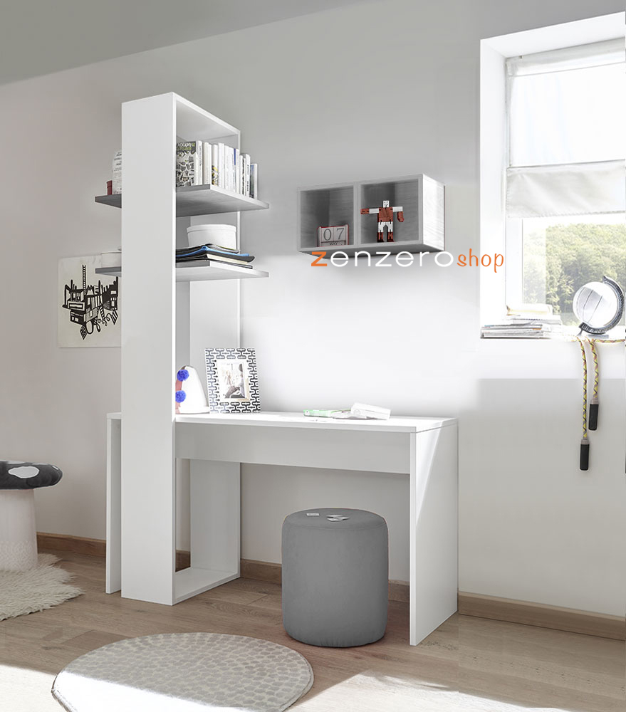 Zona studio per camerette con Scrivania, Libreria e Vani a giorno, Grigio e Bianco Opaco
