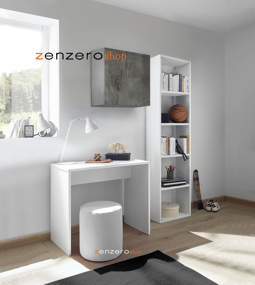 Set Zona Studio con Scrivania, Libreria e Pensile, Ossido, Beton e Bianco Opaco