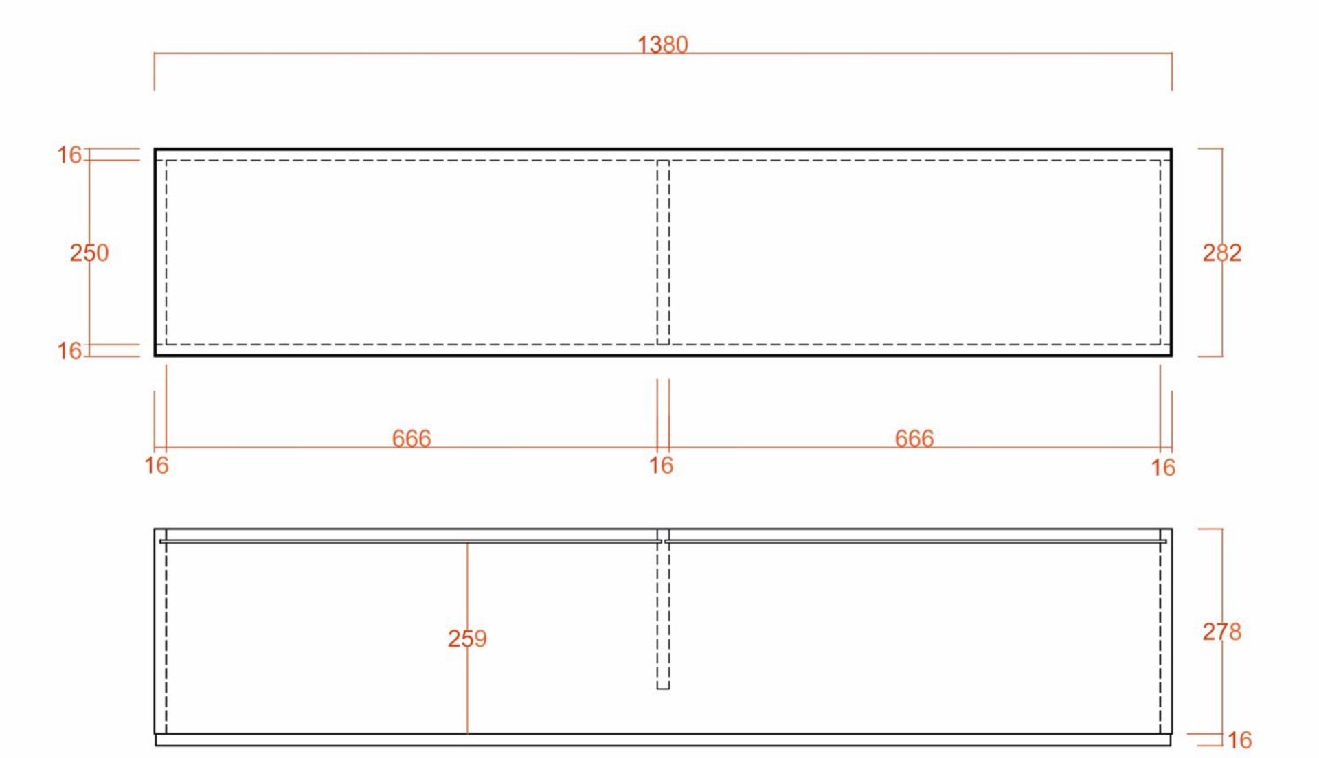 Elemento orizzontale ribalta/vasistas sospeso L.138 cm, disponibile in diverse finiture