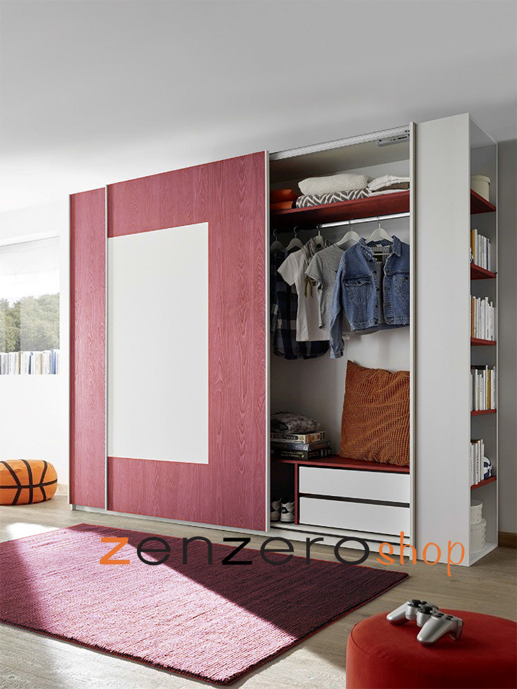 Cameretta completa per ragazzi, letto con testiera imbottita e armadio scorrevole, finitura rosso