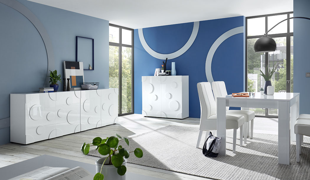 Soggiorno moderno completo di 2 Madie Cerchio e Tavolo Bianco lucido