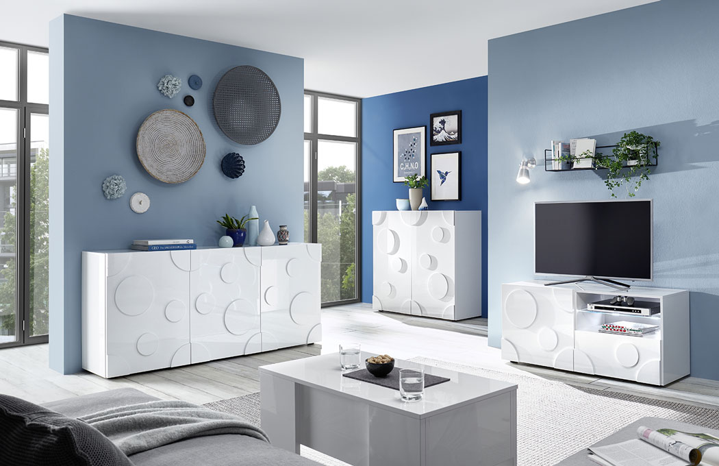 Sala moderna, composta da 2 Madie e Porta TV cerchio, Bianco lucido