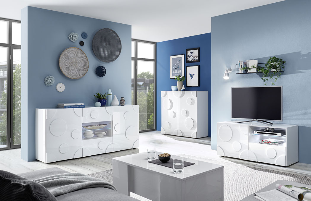 Sala moderna, composta da Porta TV e 2 Madie cerchio, Bianco lucido