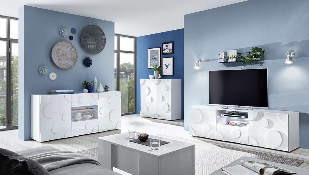 Sala moderna Bianca lucida, composta da 2 Madie e Porta TV cerchio