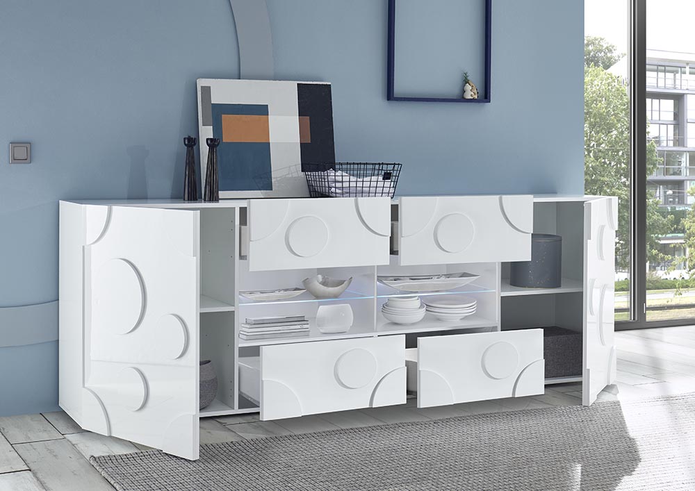 Madia Cerchio a 2 ante 4 cassetti, finitura bianco lucido, design moderno