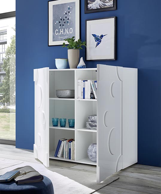 Madia contenitore Cerchio a 2 ante, finitura bianco lucido, design moderno