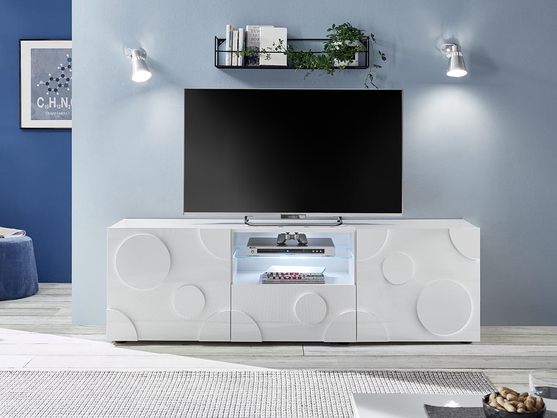 Porta TV cerchio 2 ante 1 cassetto, finitura bianco lucido, design moderno