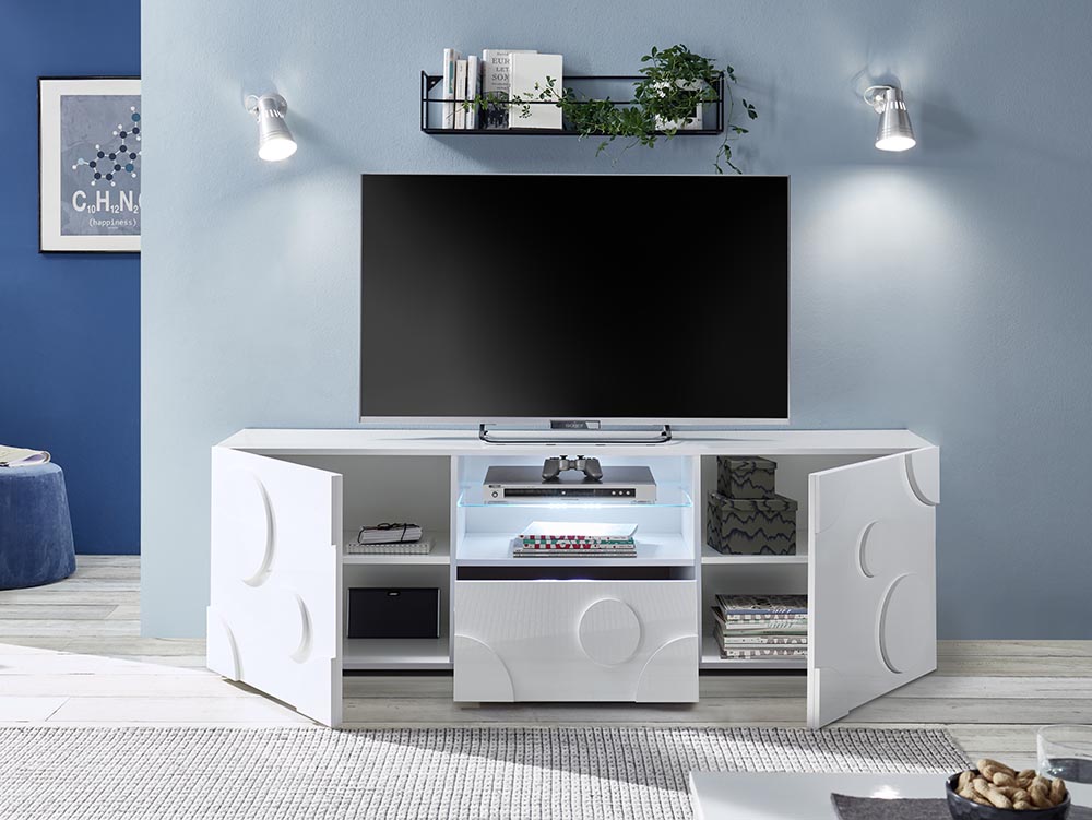 Porta TV cerchio 2 ante 1 cassetto, finitura bianco lucido, design moderno