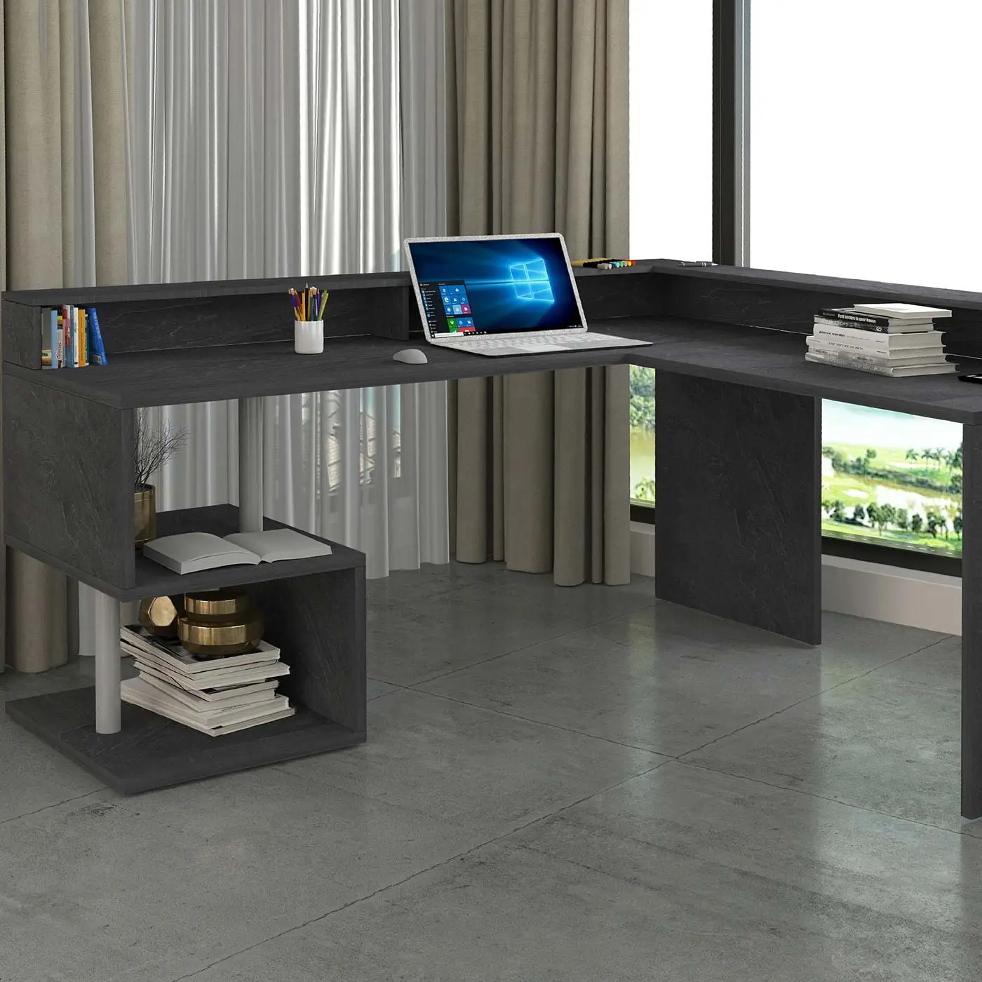 Scrivania angolare 2 vani portaoggetti, 180/160x90x60 h cm, Antracite