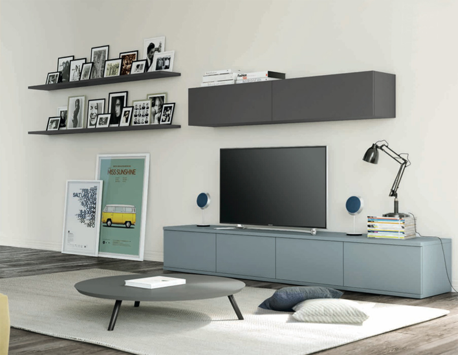 Parete attrezzata con porta tv in finitura Rovere gesso e Grigio titanio