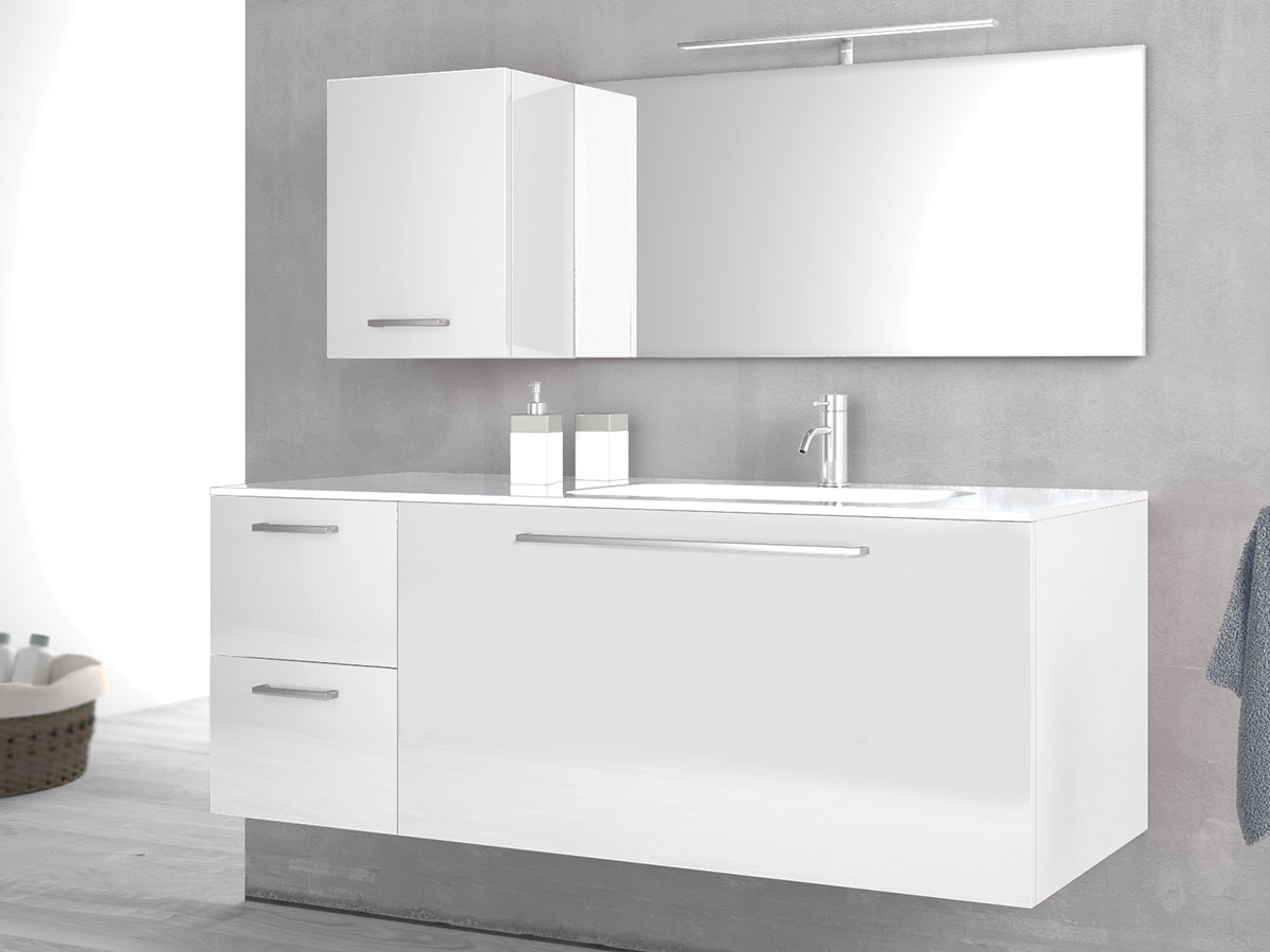 Composizione da Bagno con 3 cassetti soft-close e pensile reversibile, bianco lucido