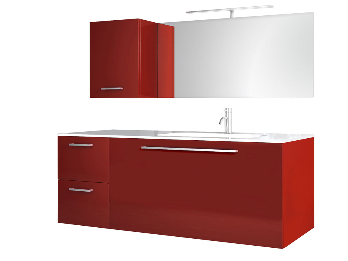 Composizione da Bagno con 3 cassetti soft-close e pensile reversibile, Rosso Lucido