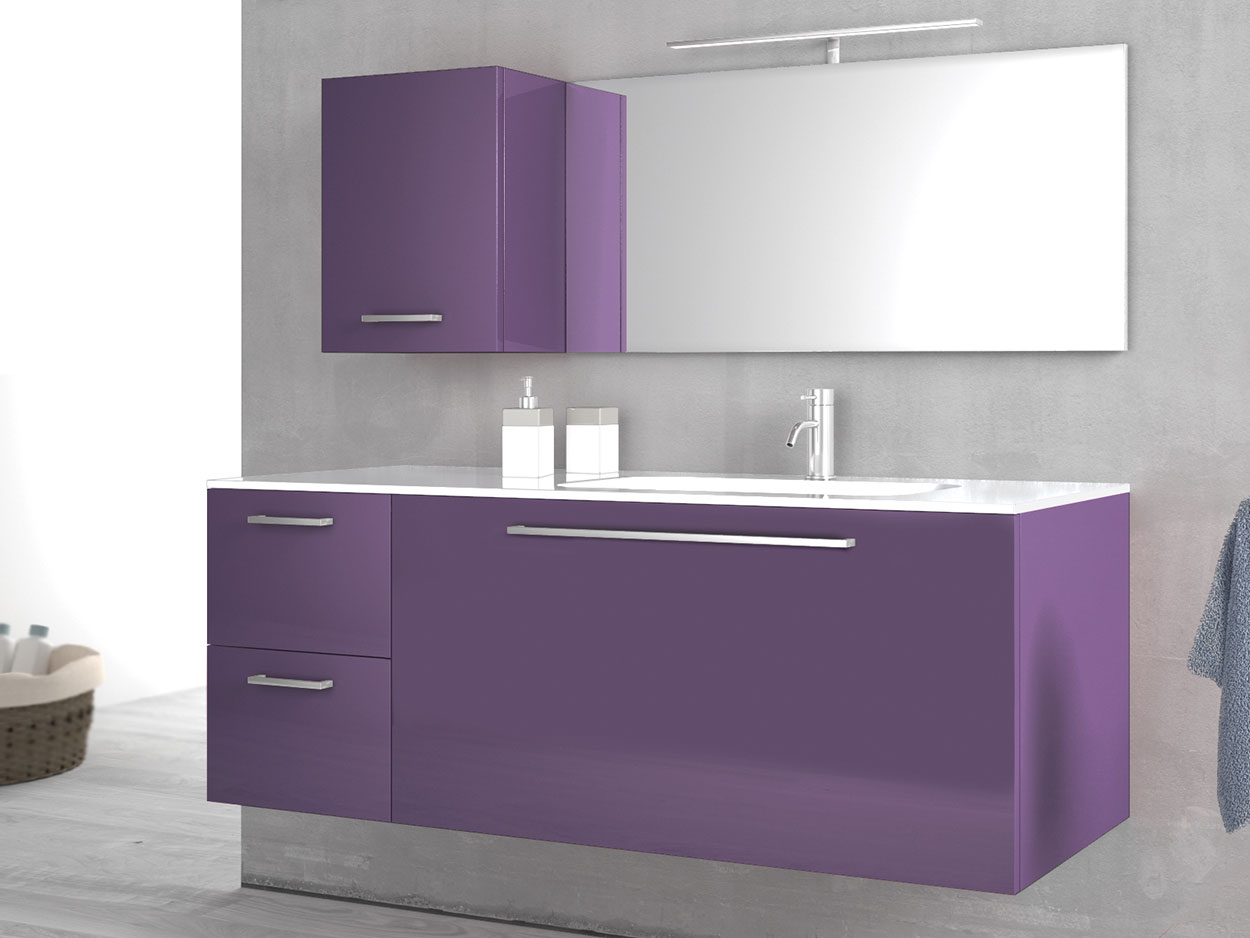 Composizione da Bagno con 3 cassetti soft-close e pensile reversibile, Viola Lucido