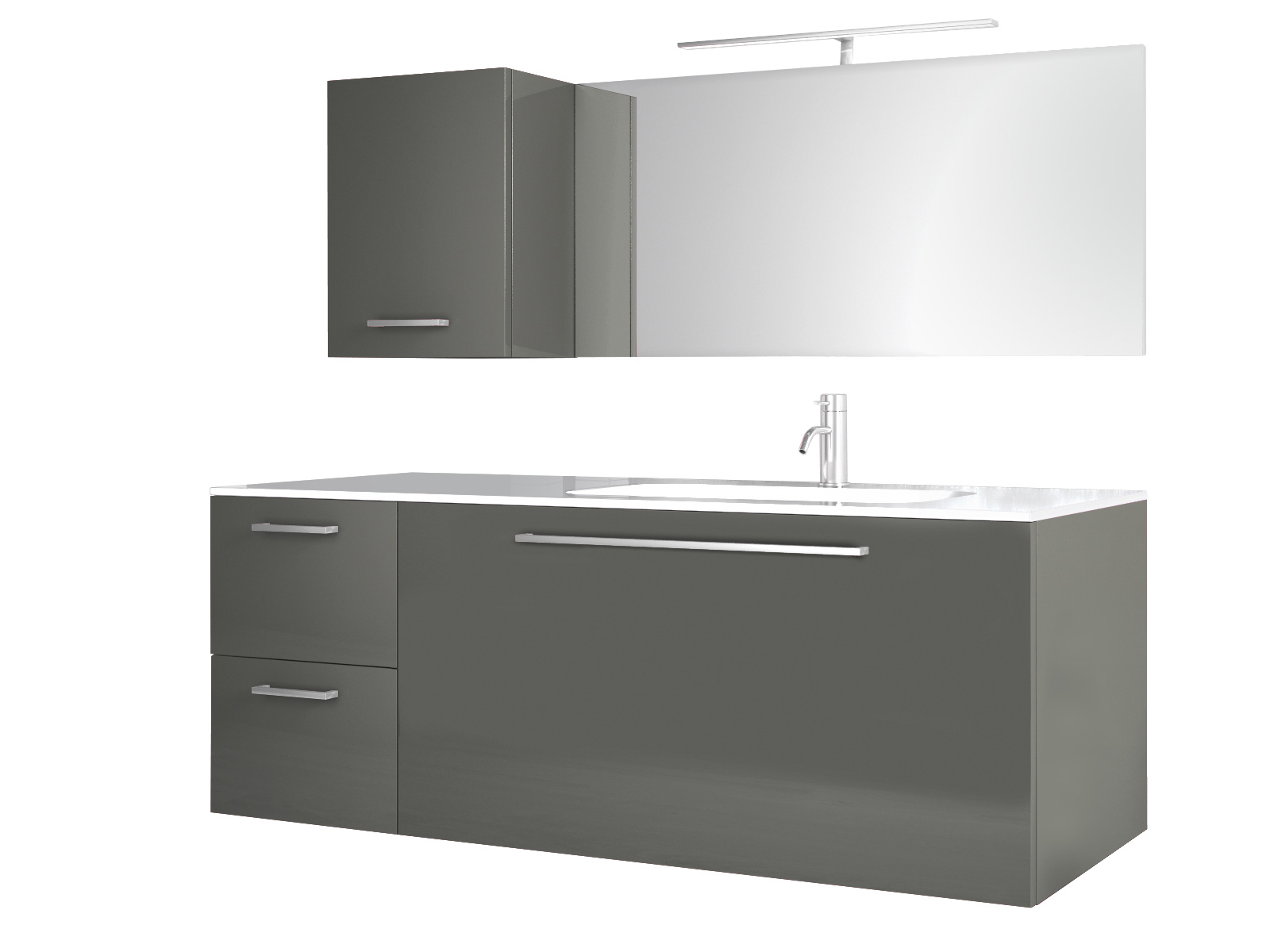Composizione da Bagno con 3 cassetti soft-close e pensile reversibile, Grigio Lucido