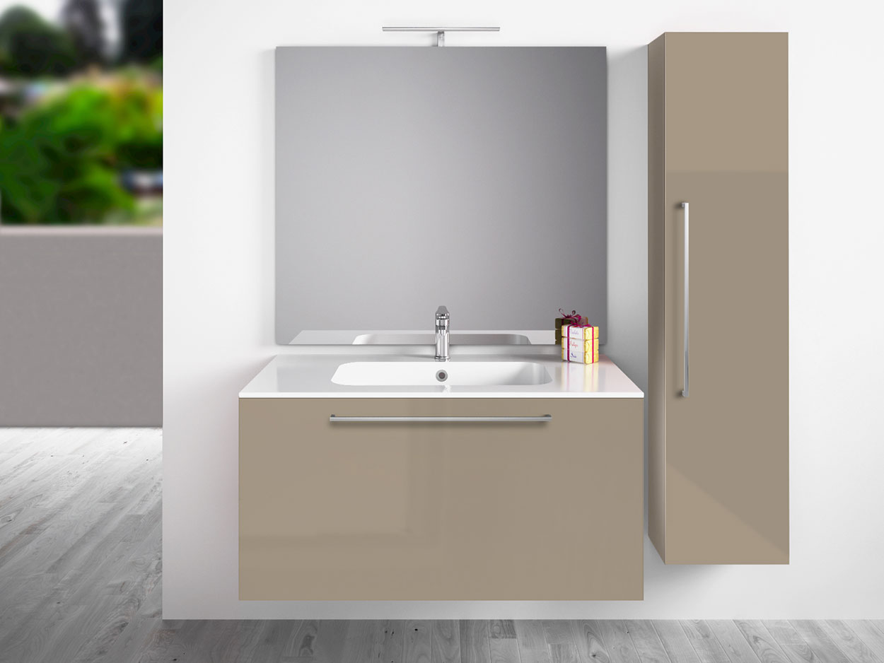 Mobile da bagno sospeso con colonna, Tortora Lucido Antigraffio