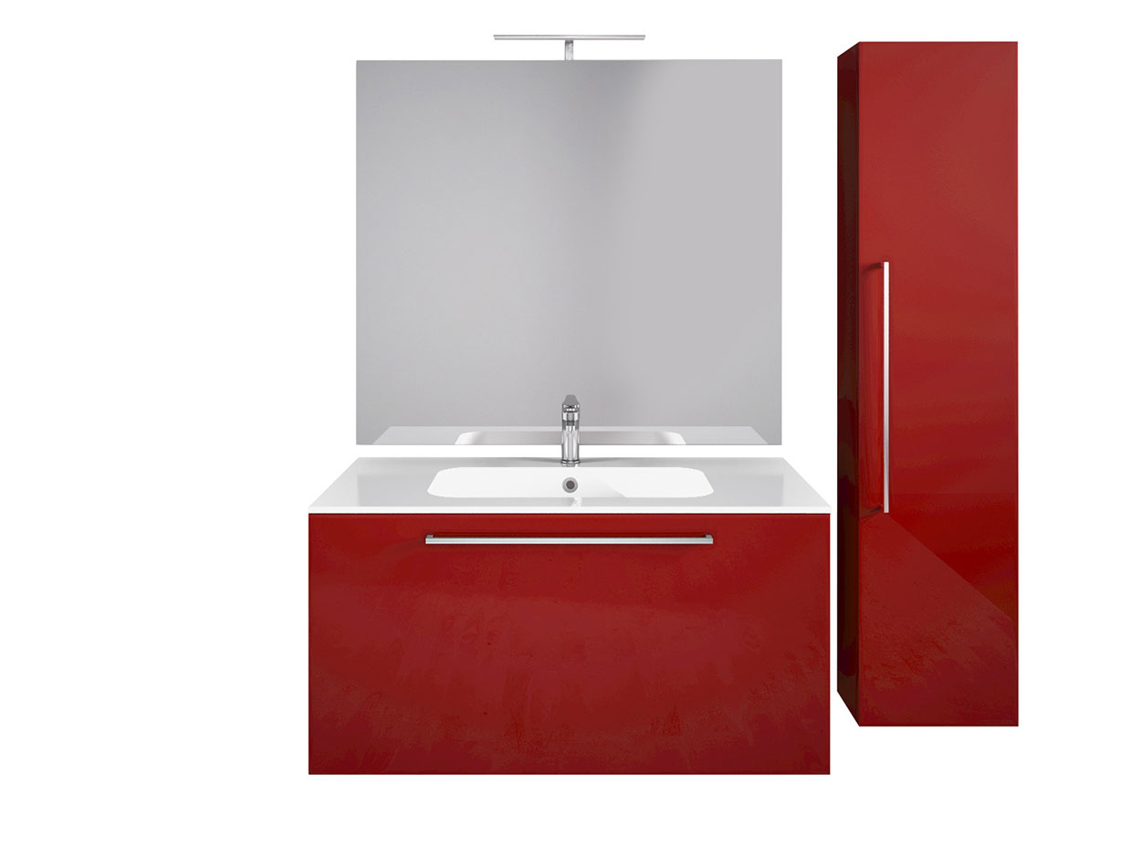 Mobile da bagno sospeso con colonna, Rosso Lucido Antigraffio