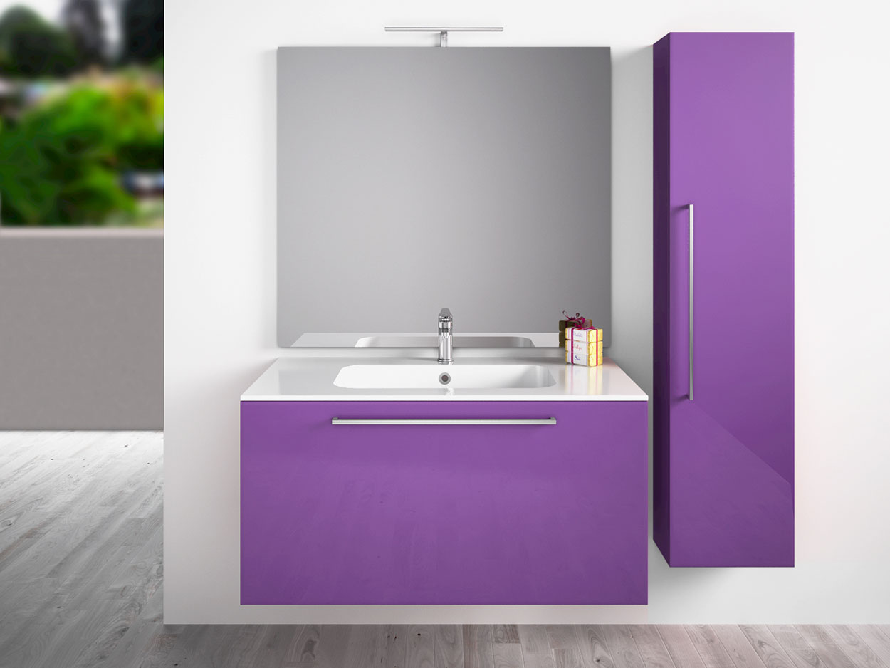 Mobile da bagno sospeso con colonna, Viola Lucido Antigraffio