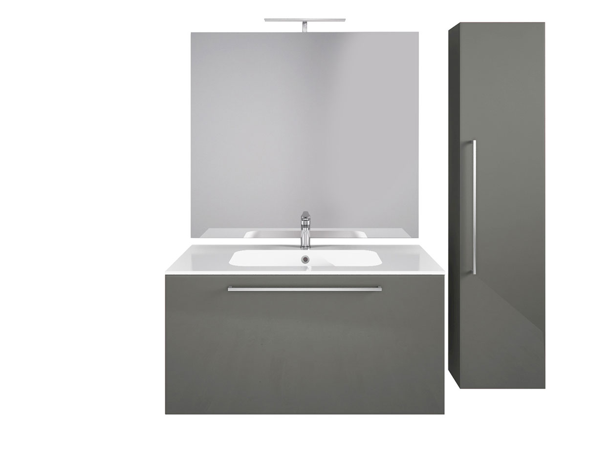 Mobile da bagno sospeso con colonna, Grigio Lucido Antigraffio