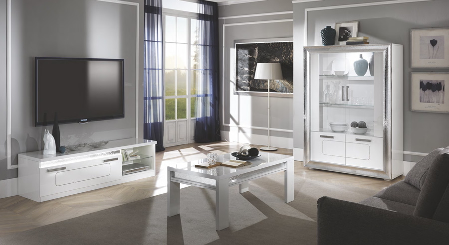 Porta TV bianco lucido con dettagli argento, Made in Italy