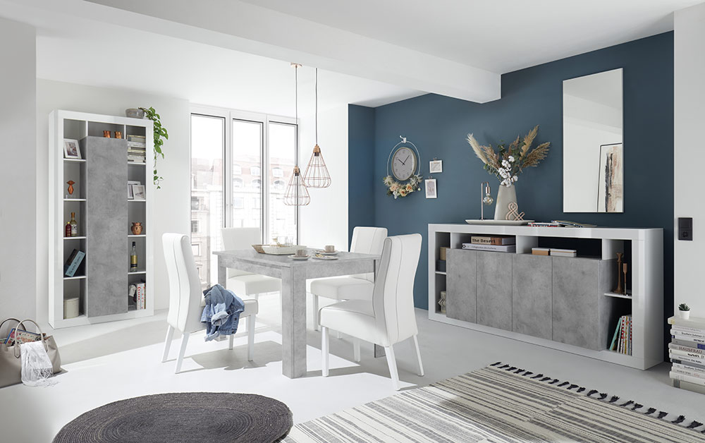 Madia moderna di design a 4 ante, finitura Bianco lucido e cemento