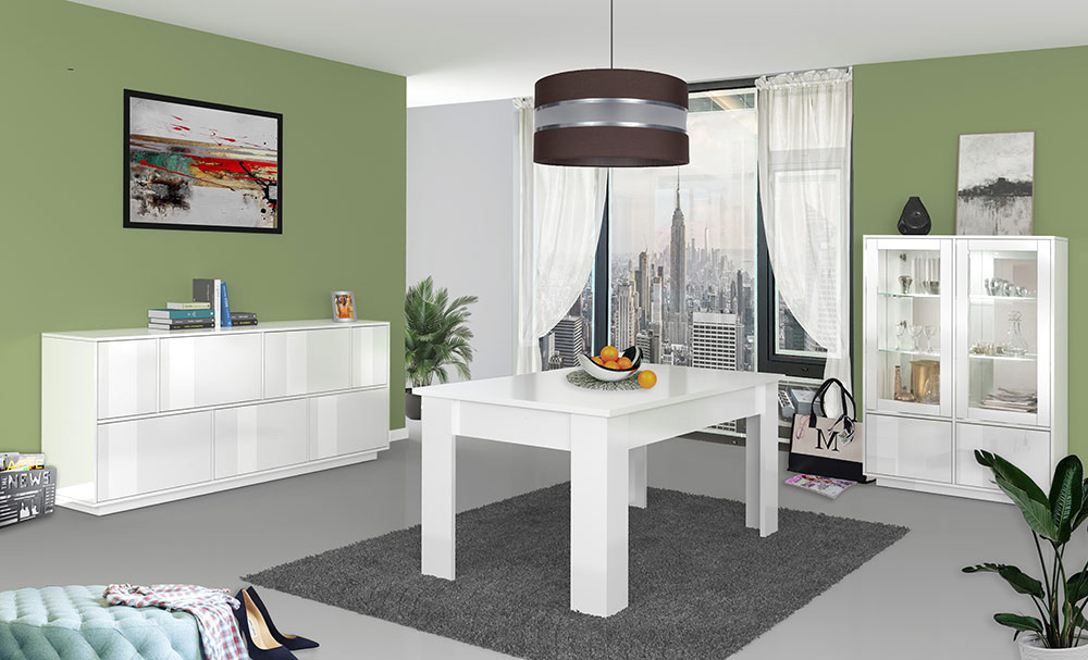 Sala da pranzo composta da vetrina, tavolo e credenza finitura bianco lucido 
