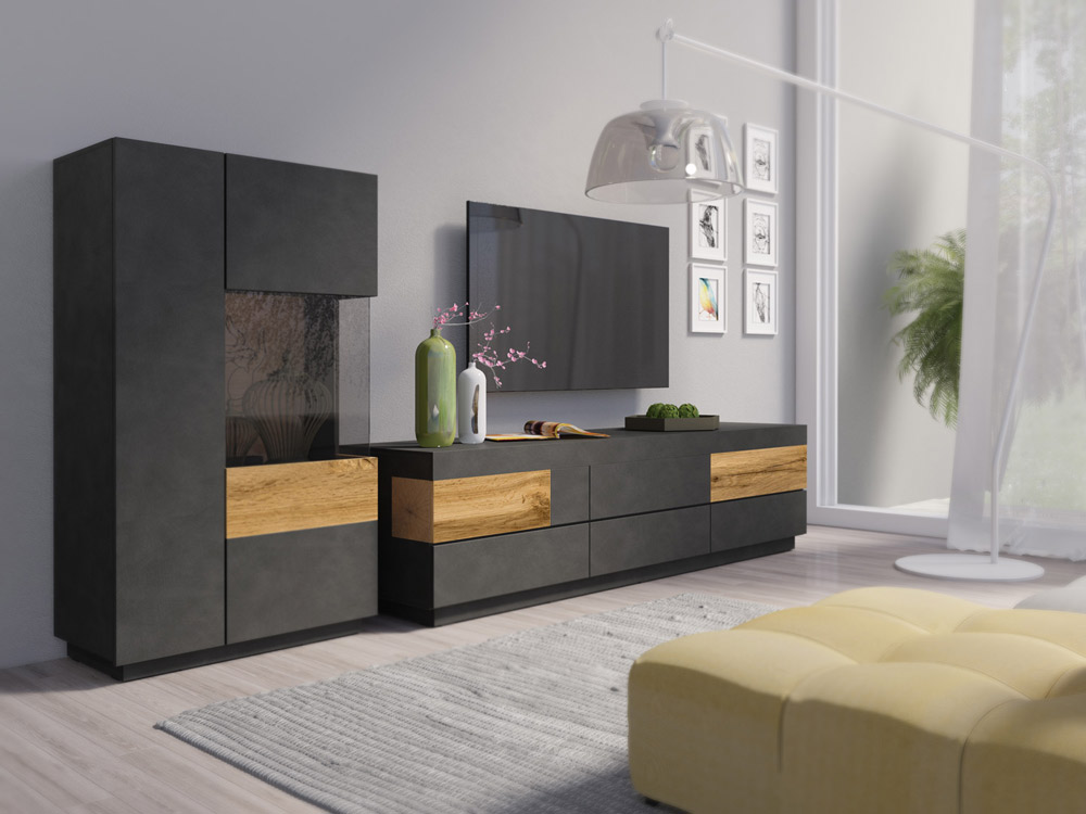 Credenza alta , vetrina contenitore, finitura antracite e rovere naturale