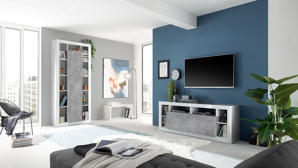 Conveniente Porta TV moderno 1 ribalta, colore Bianco lucido e Cemento