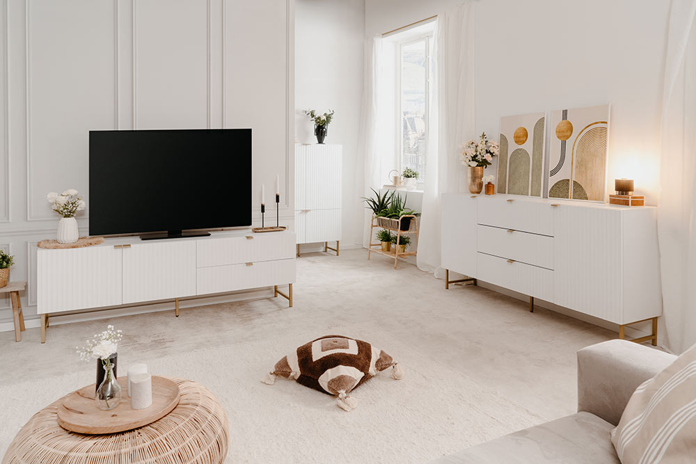 Madia 2 ante e 3 cassetti, bianco opaco con dettagli dorati