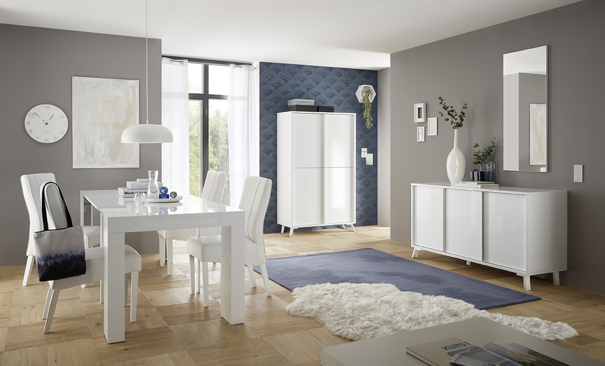 Soggiorno moderno, Sala da pranzo, bianca laccata lucida, completa di 2 madie e tavolo