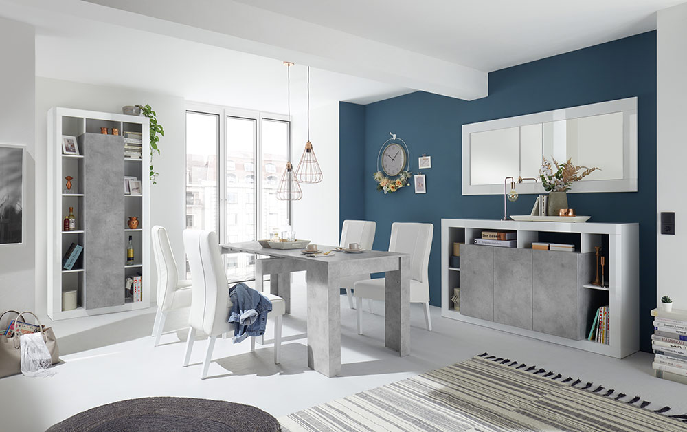 Madia scontata a 3 ante, finitura Bianco lucido e cemento, Made in Italy