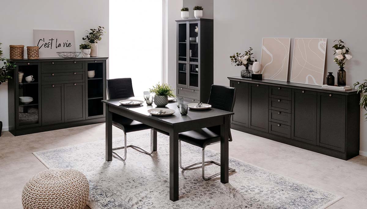 Sala completa in stile scandinavo in finitura grigio antracite 