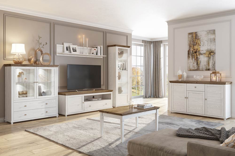 Sala completa composta da 2 vetrine, porta TV, mensola, madia e tavolino