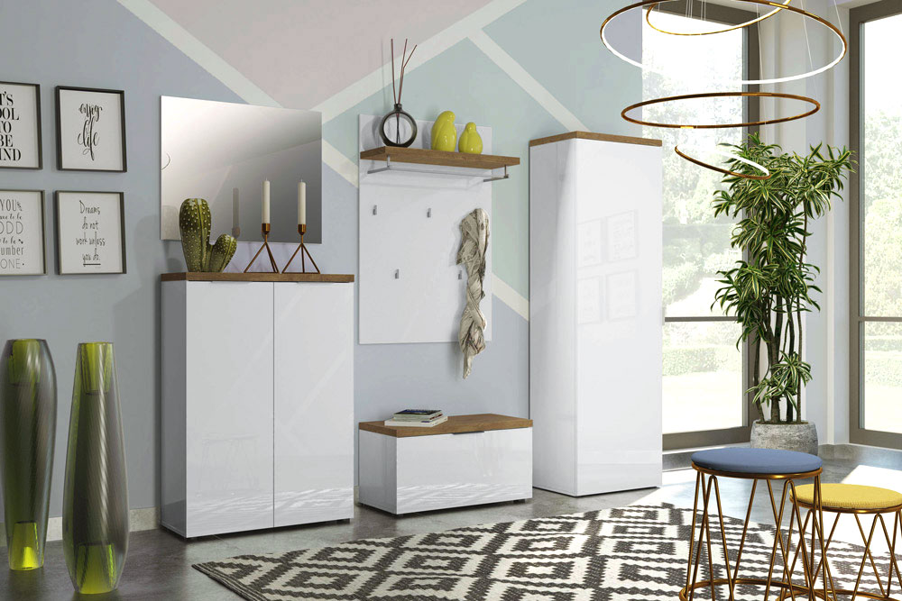 Guardaroba da ingresso, finitura Bianco laccato lucido e Castagno