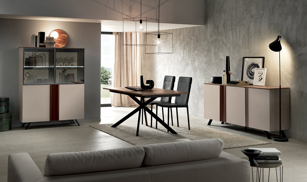 Sala completa composta da vetrina, tavolo e madia 3 ante, Made in Italy