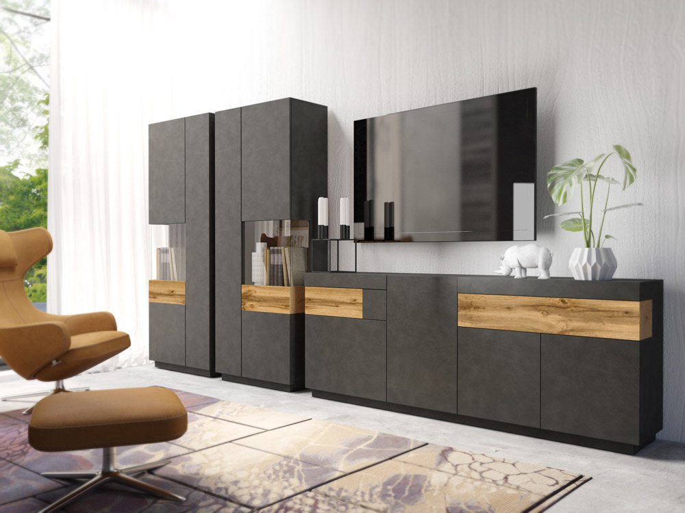 Credenza moderna antracite e rovere naturale, 4 ante e 2 cassetti 