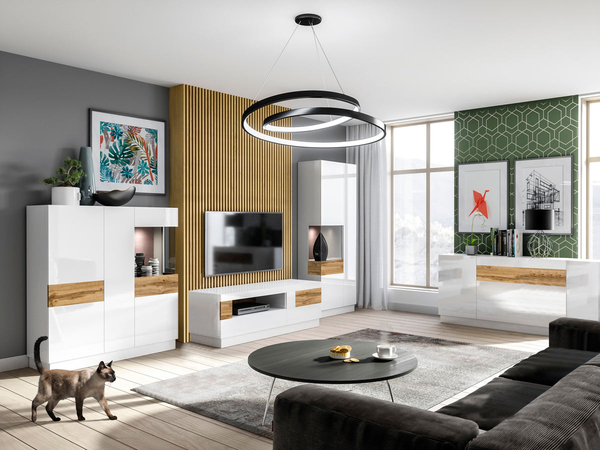 Credenza moderna 3 ante e 1 cassetto, bianco lucido e rovere naturale