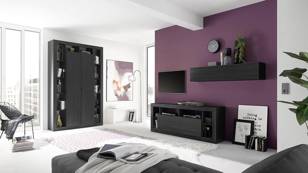 Moderno Porta TV con 1 anta ribalta, colore Nero frassinato