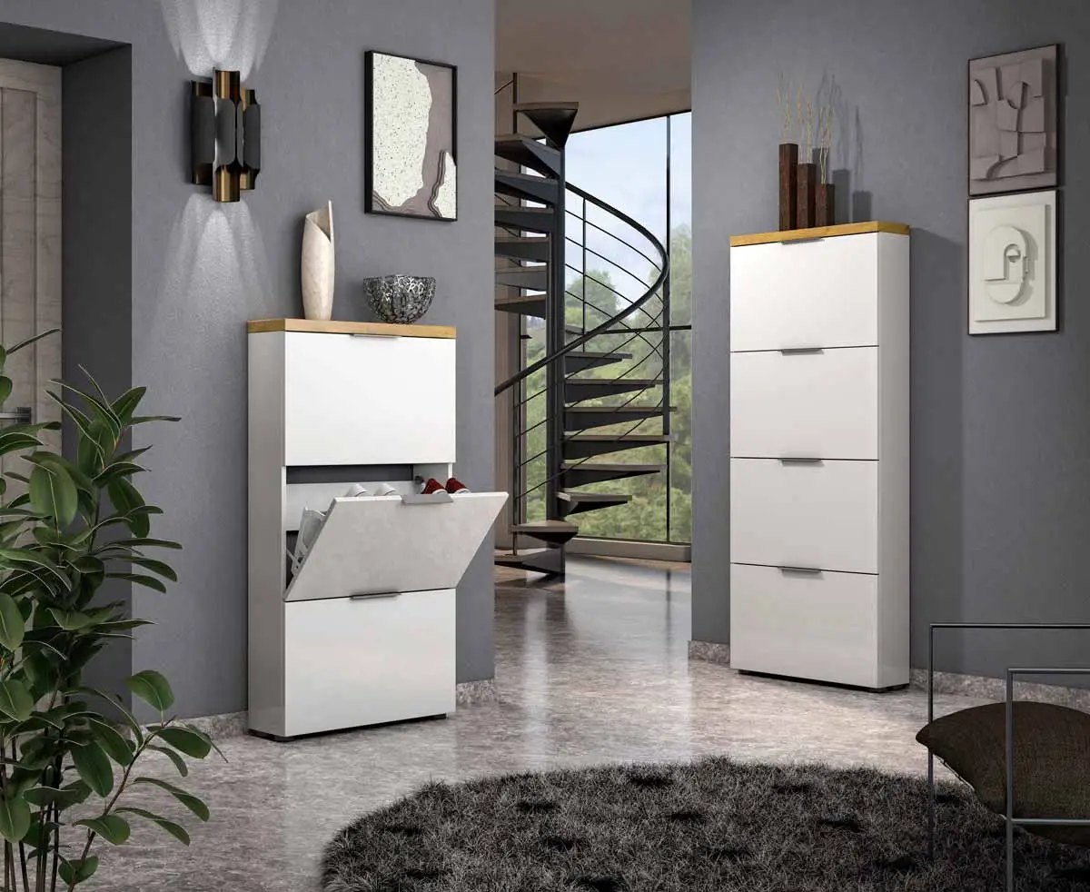 Scarpiera 4 ribalte, Bianco lucido e Rovere