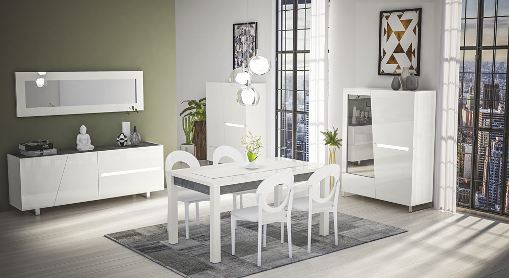 Tavolo fisso L.160, moderno, bianco lucido e grigio